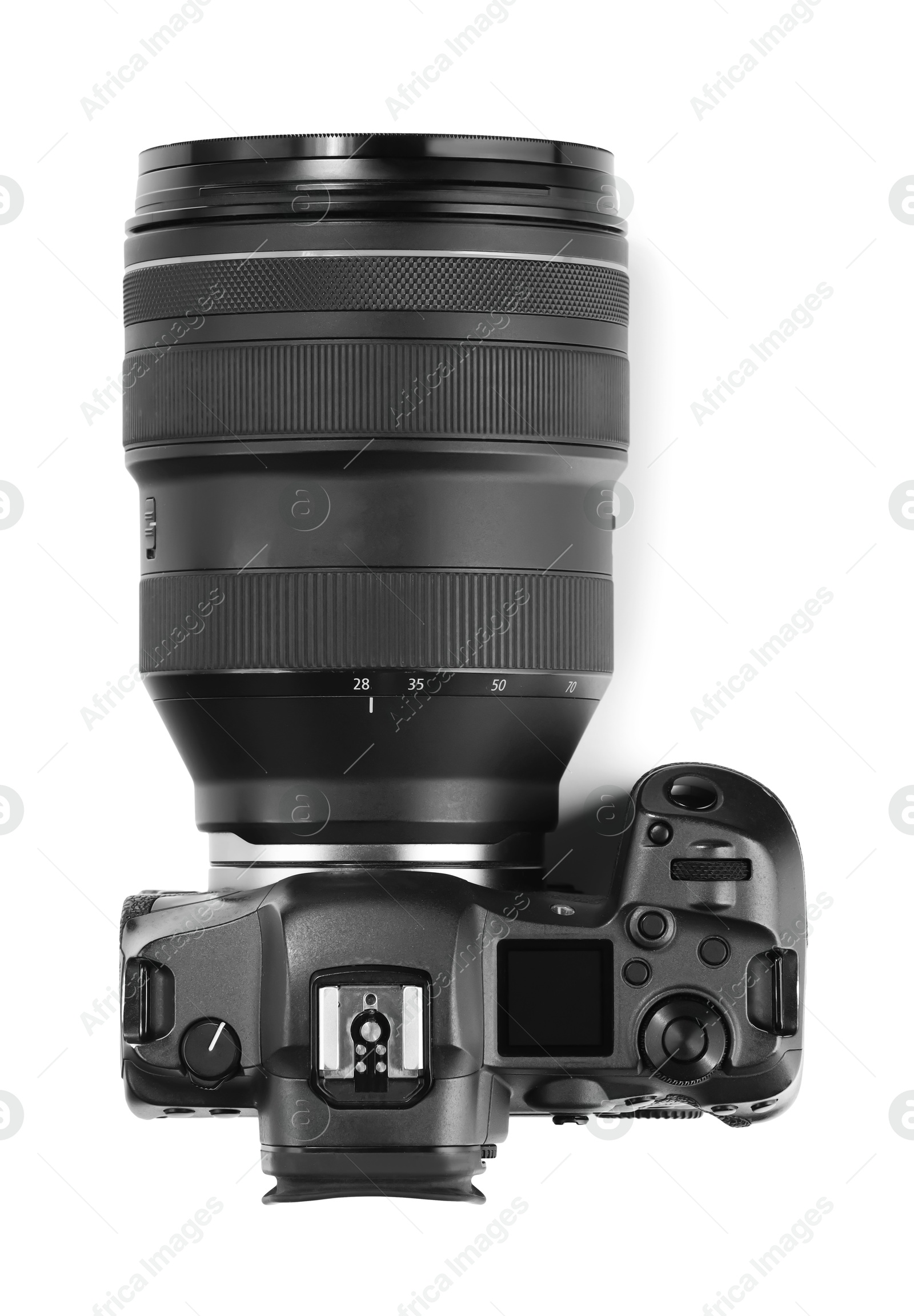 Photo of Modern camera isolated on white, top view. Photographer's equipment