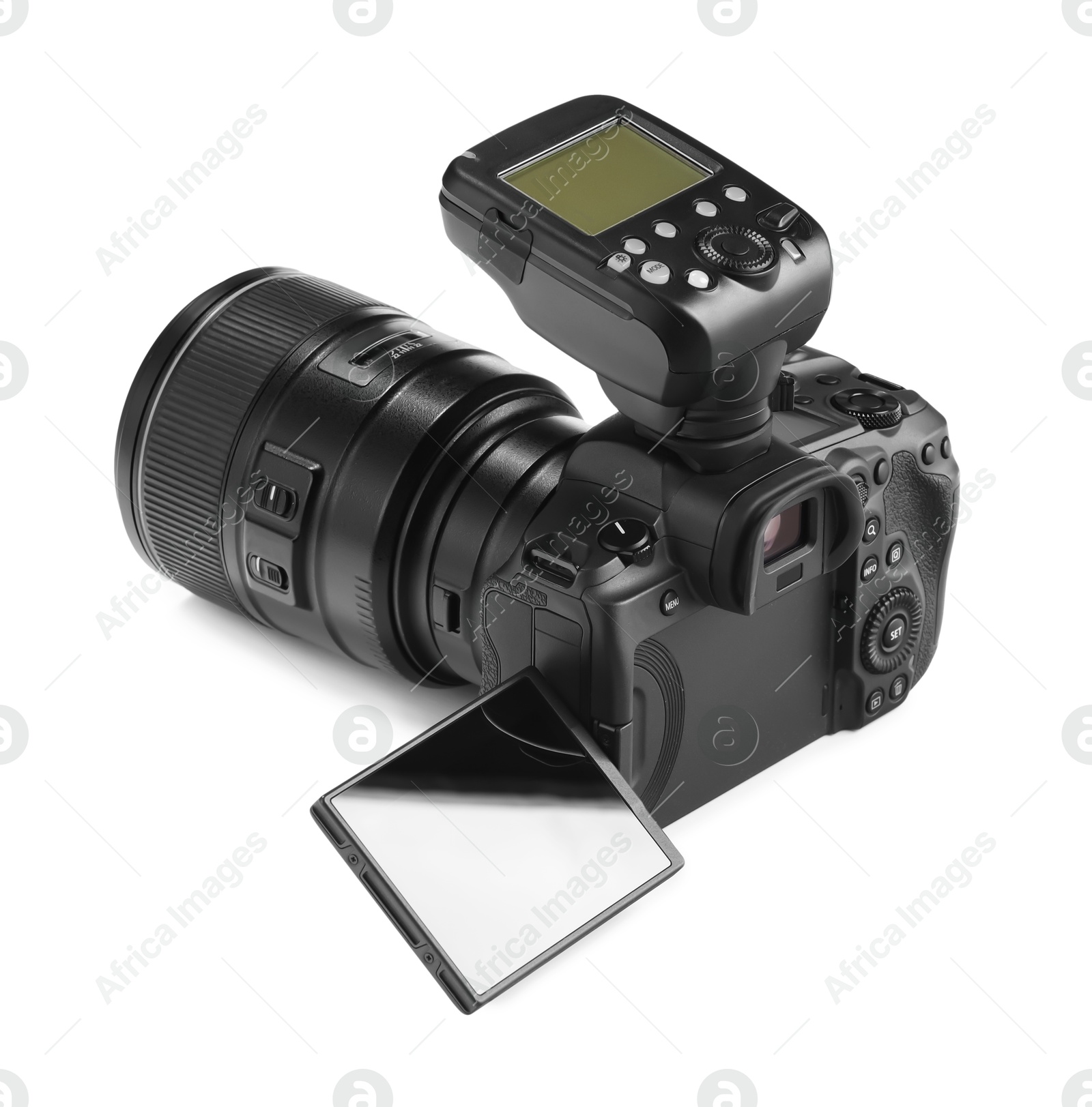 Photo of Modern camera isolated on white. Photographer's equipment