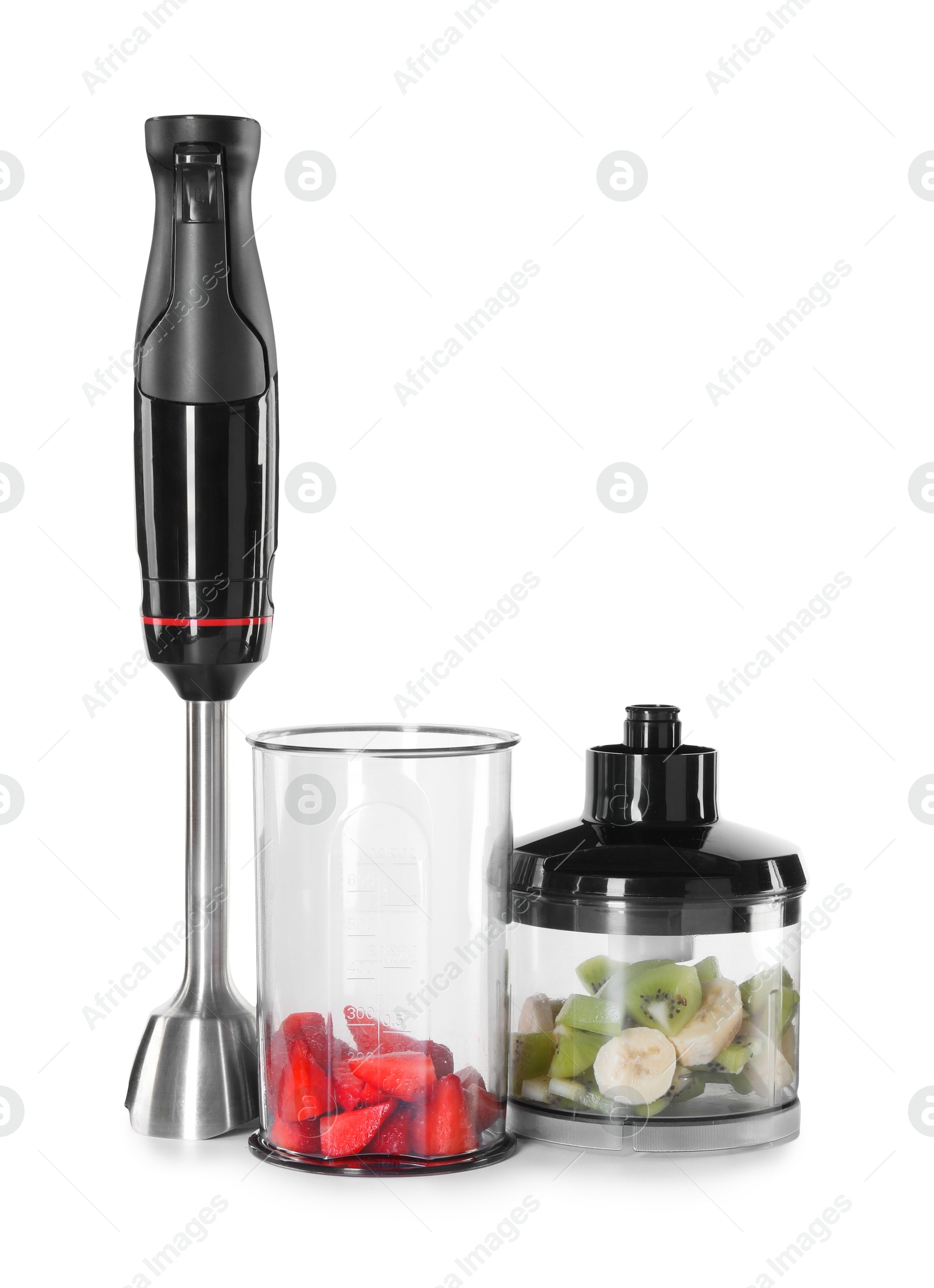 Photo of Hand blender kit, fresh fruits and strawberries isolated on white