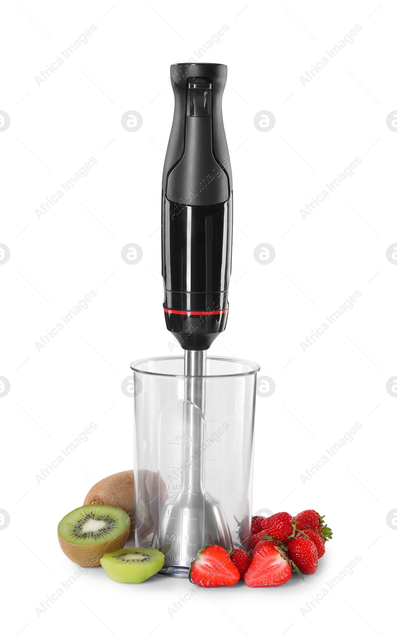 Photo of Hand blender kit, fresh kiwis and strawberries isolated on white