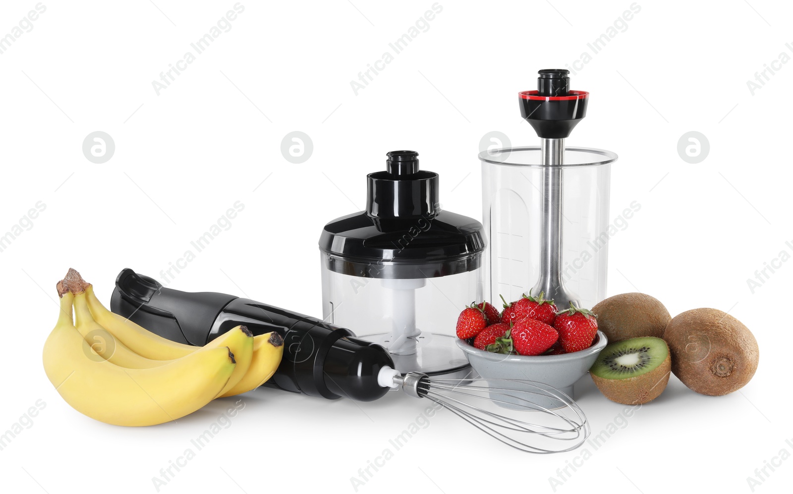 Photo of Hand blender kit, fresh fruits and strawberries isolated on white
