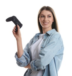 Photo of Happy woman with controller on white background