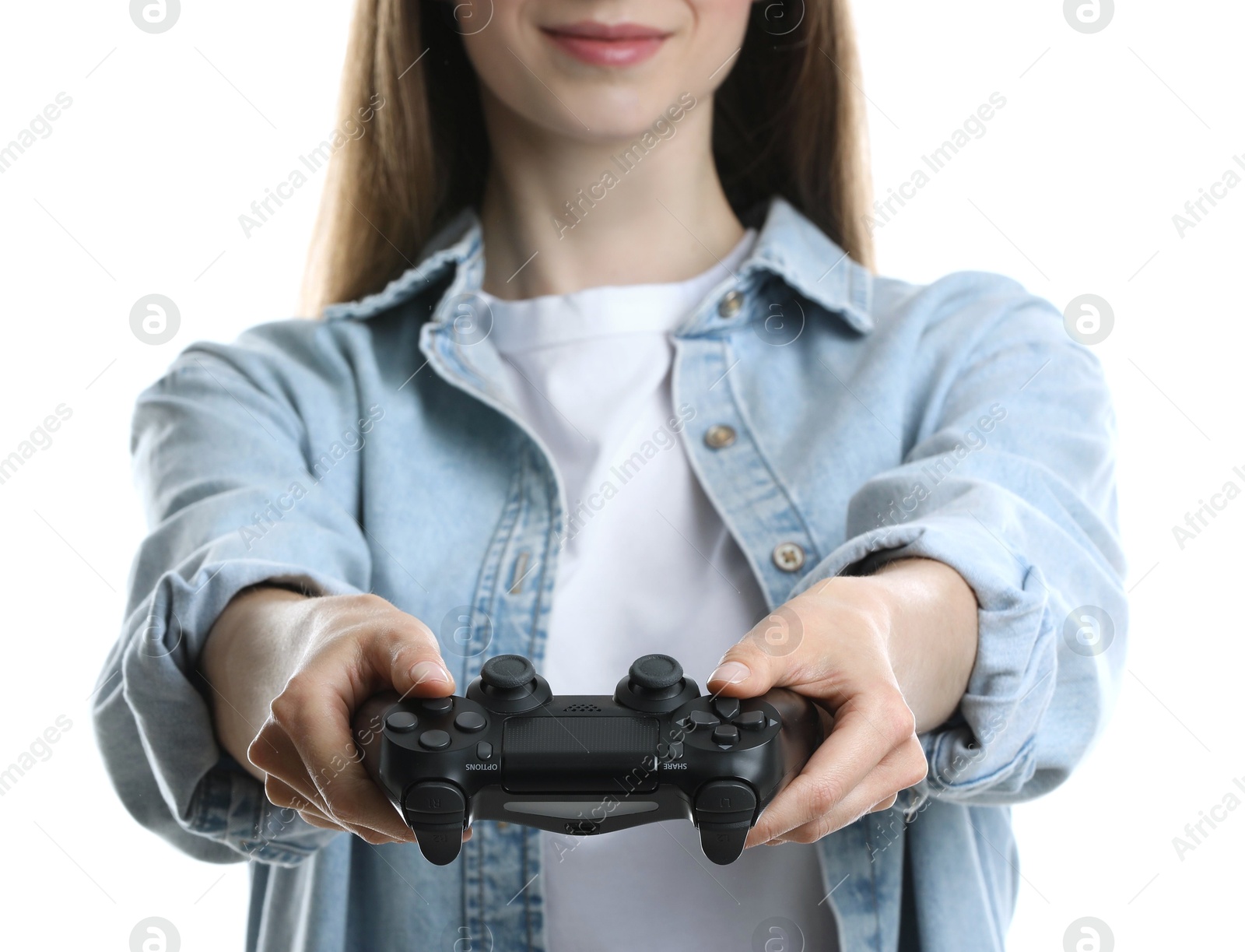 Photo of Beautiful woman with controller on white background