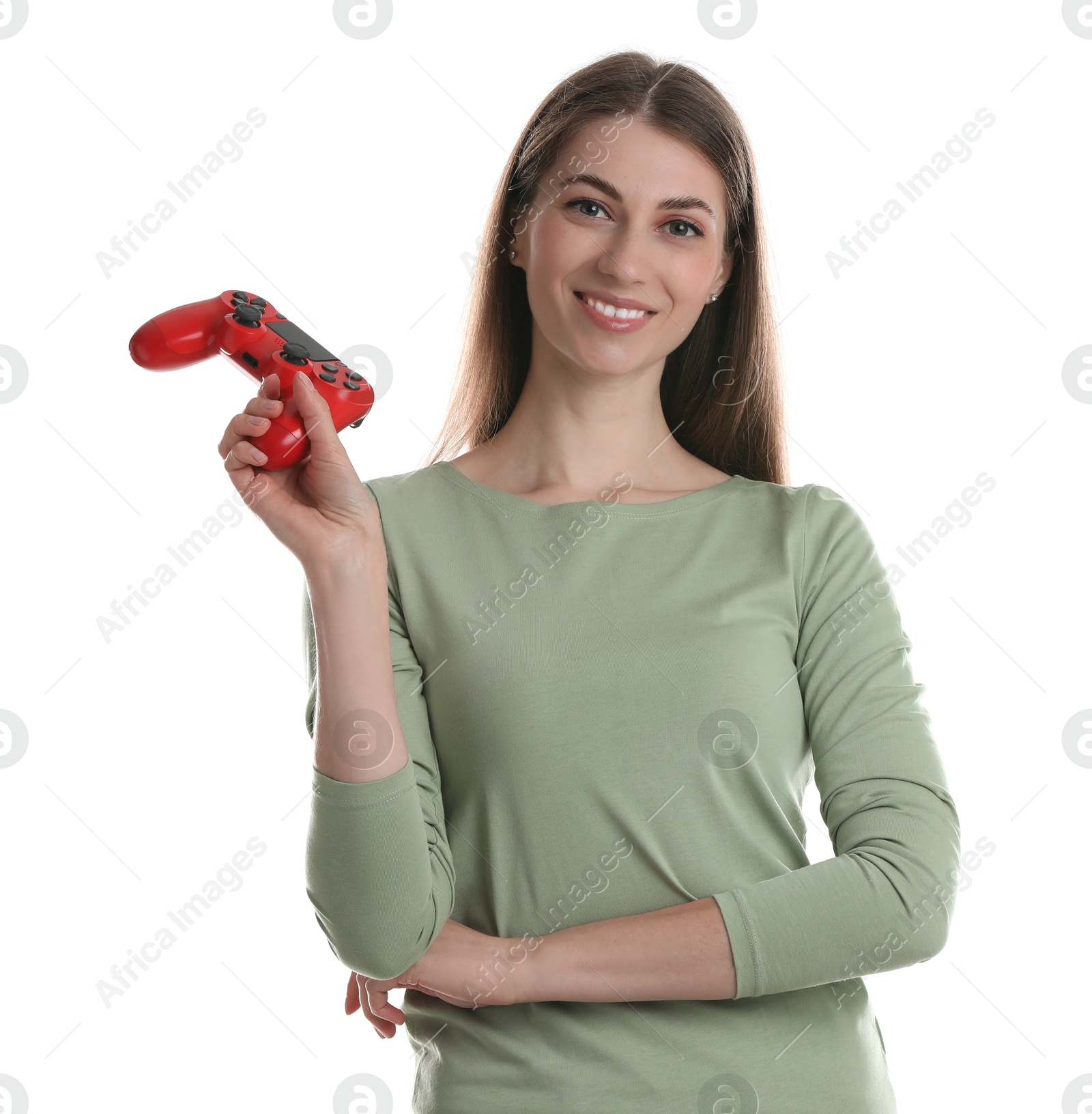 Photo of Happy woman with controller on white background