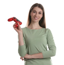 Photo of Happy woman with controller on white background