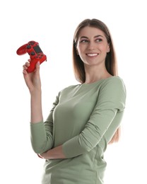 Photo of Happy woman with controller on white background