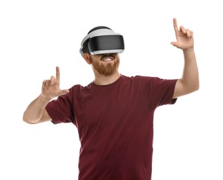 Photo of Smiling man using virtual reality headset on white background