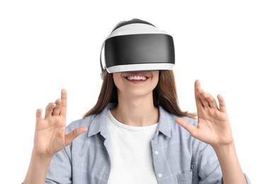 Photo of Smiling woman using virtual reality headset on white background