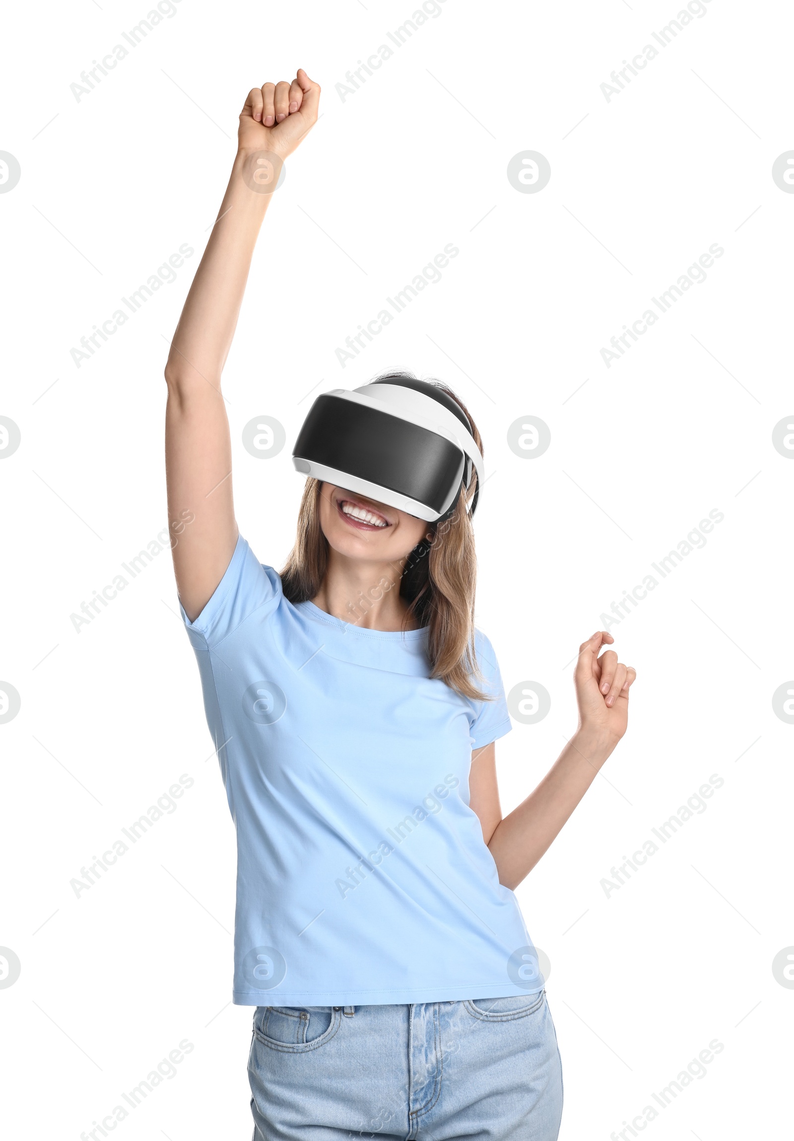 Photo of Smiling woman using virtual reality headset on white background