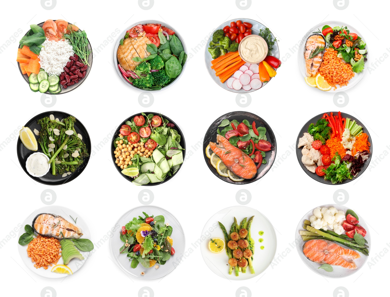 Image of Set of different healthy meals on white background, top view