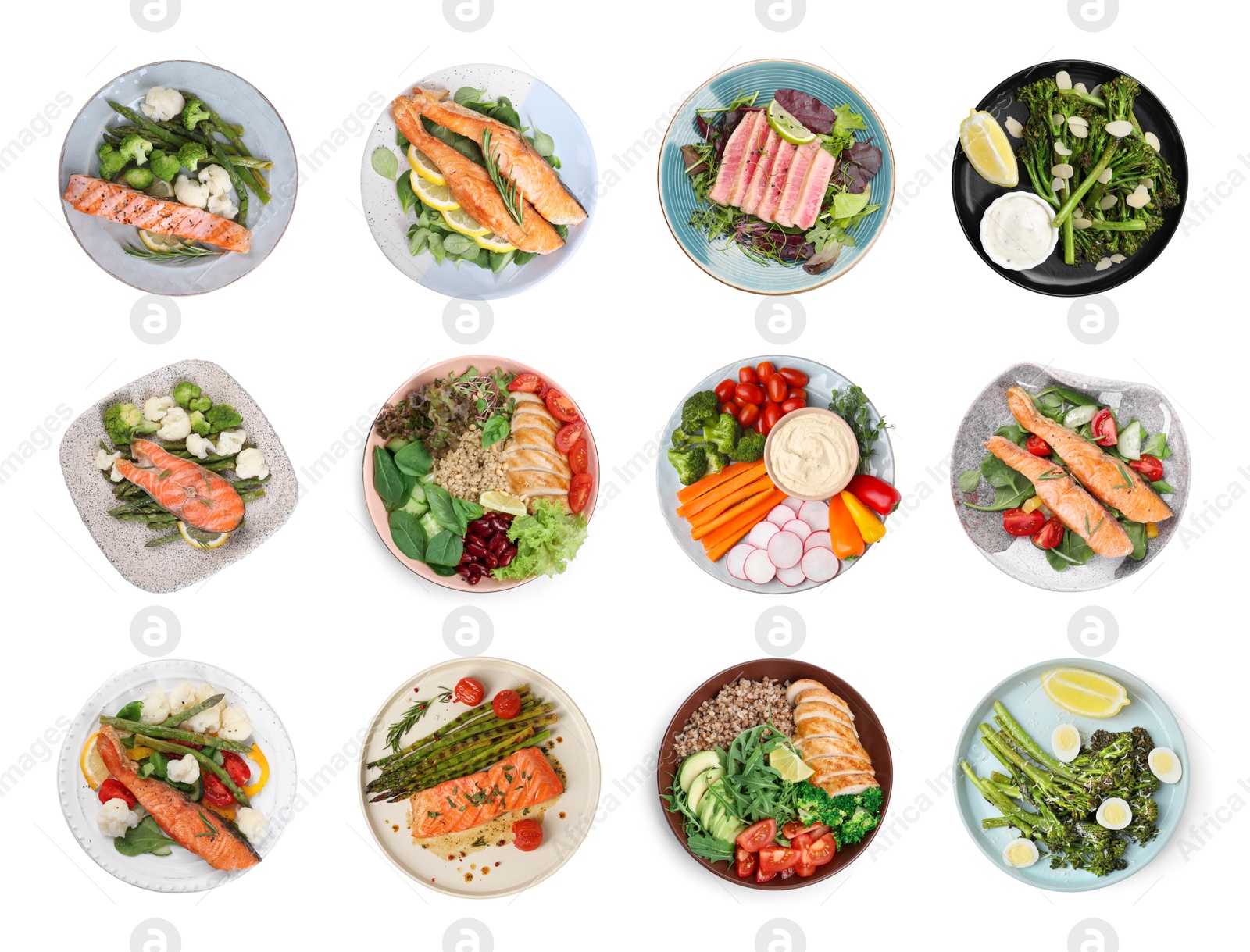 Image of Set of different healthy meals on white background, top view