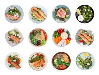 Image of Set of different healthy meals on white background, top view