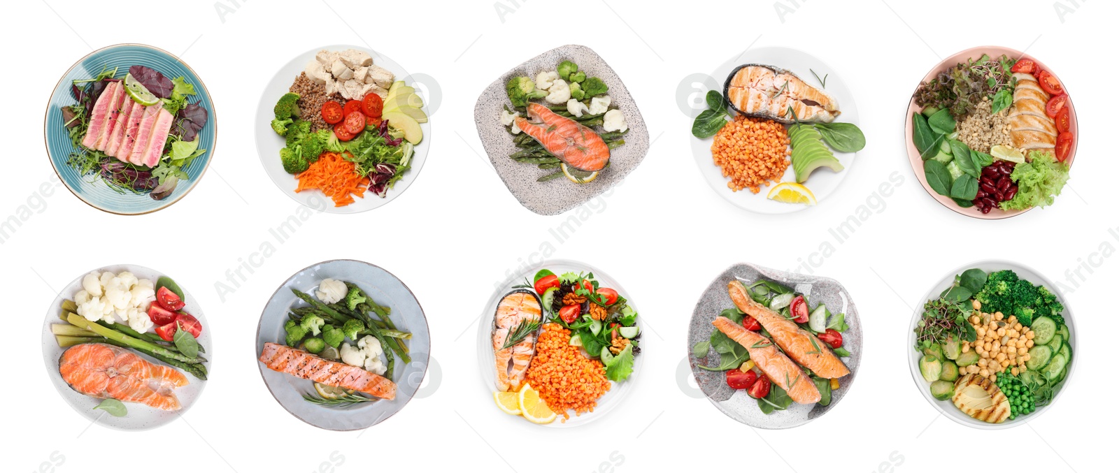 Image of Set of different healthy meals on white background, top view