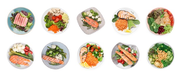 Image of Set of different healthy meals on white background, top view