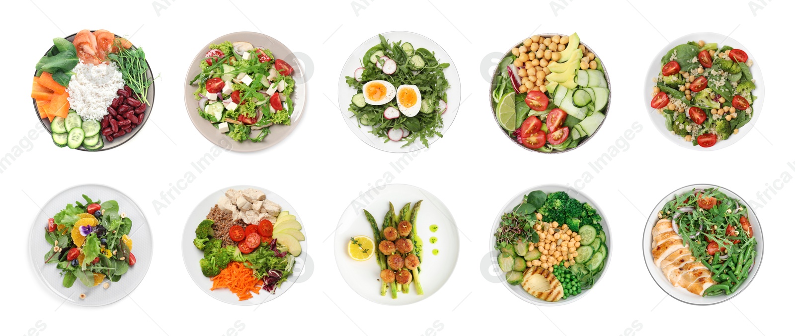 Image of Set of different healthy meals on white background, top view