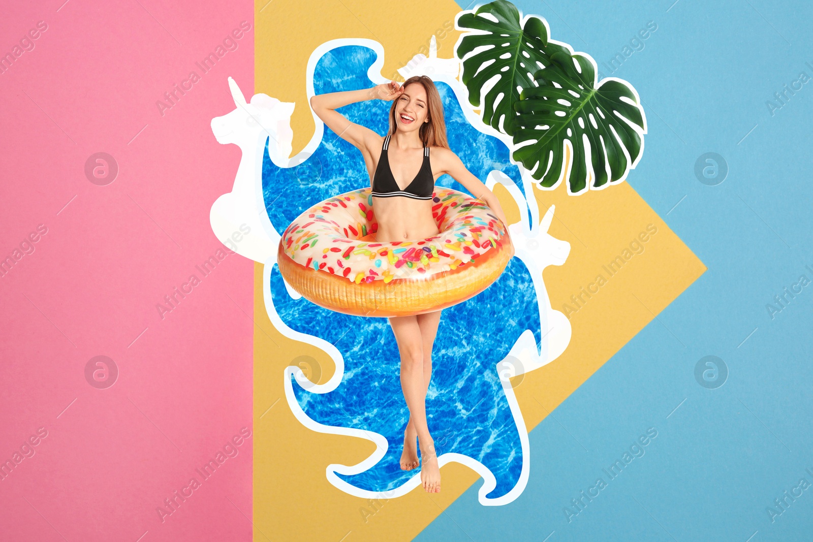 Image of Creative collage of beautiful woman in bikini with inflatable ring on color background