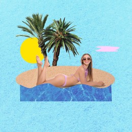 Creative collage with beautiful woman in bikini and palms on light blue background