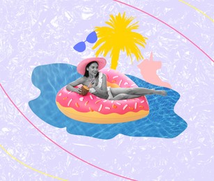 Image of Creative collage with beautiful woman in bikini on inflatable ring against color background