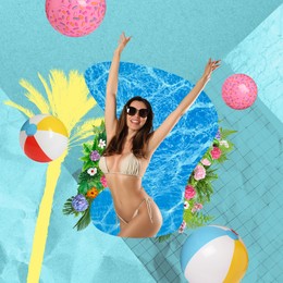 Creative collage with beautiful woman in bikini among falling beach balls on light blue background
