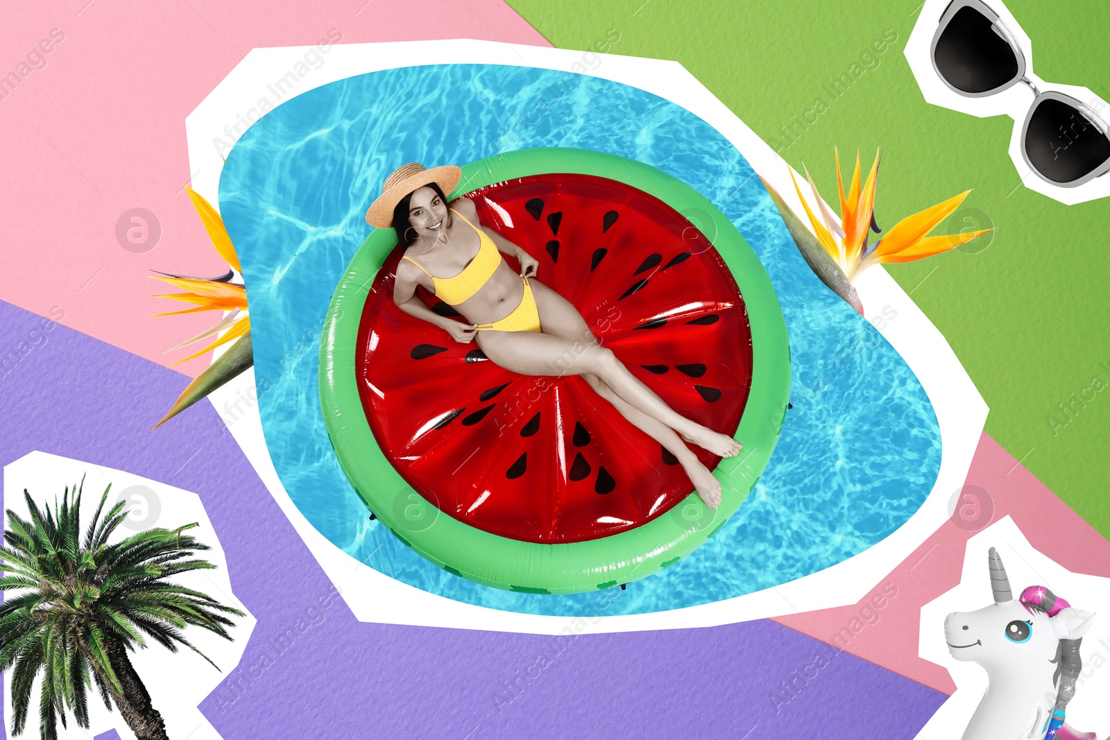 Image of Creative collage with beautiful woman in bikini on watermelon inflatable mattress against color background, top view