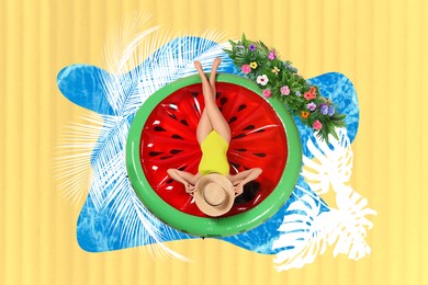Image of Creative collage with beautiful woman in bikini on watermelon inflatable mattress against yellow background