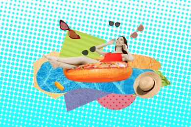 Creative collage with beautiful woman in bikini on inflatable ring and falling sunglasses against light blue background
