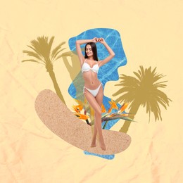 Creative collage with beautiful woman in bikini on beige background