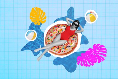 Creative collage of beautiful woman in bikini on inflatable ring against light blue background, top view