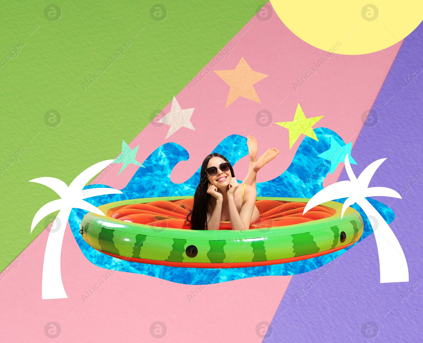 Image of Creative collage with beautiful woman in bikini on inflatable mattress against color background
