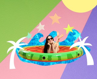 Creative collage with beautiful woman in bikini on inflatable mattress against color background