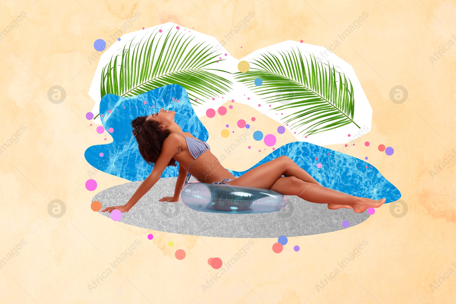 Image of Creative collage with beautiful woman in bikini on inflatable ring and palm leaves against beige background