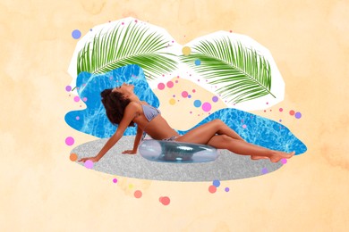 Creative collage with beautiful woman in bikini on inflatable ring and palm leaves against beige background