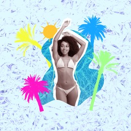 Image of Creative collage with beautiful woman in bikini on color background