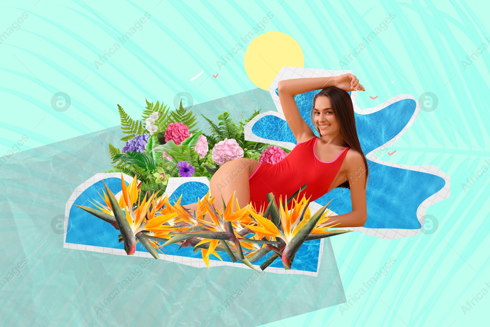 Image of Creative collage with beautiful woman in bikini and flowers on light blue background