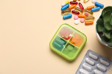 Photo of Different pills, organizer and succulent on beige background, flat lay. Space for text