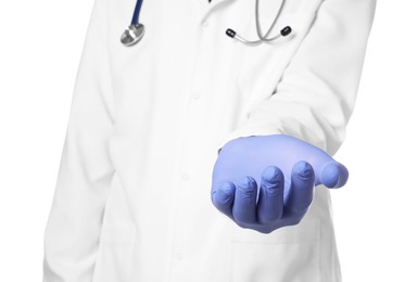 Doctor holding something on white background, closeup