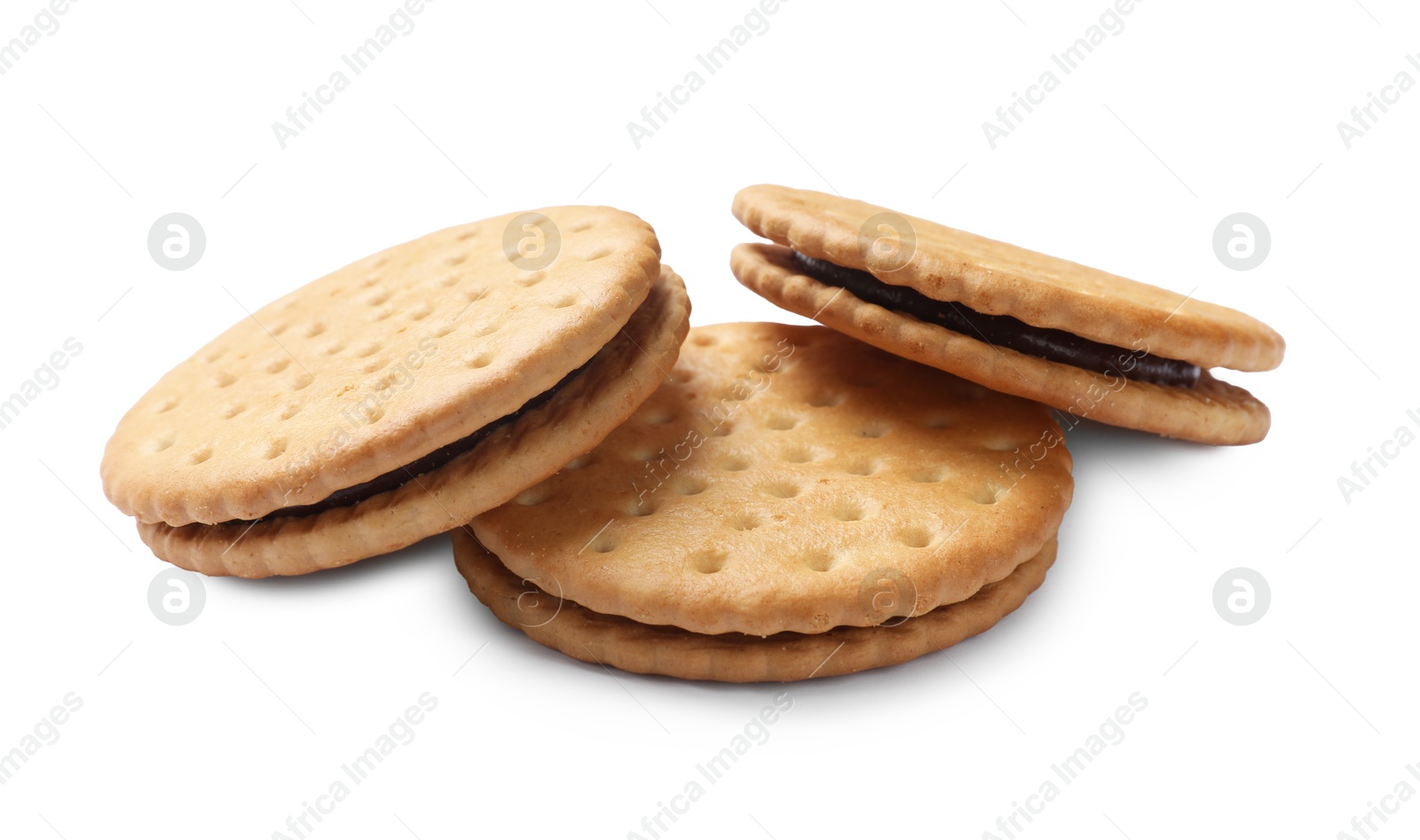 Photo of Fresh tasty sandwich cookies isolated on white