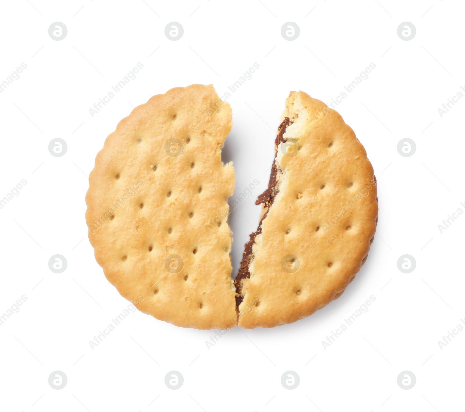 Photo of Broken tasty sandwich cookie isolated on white, top view