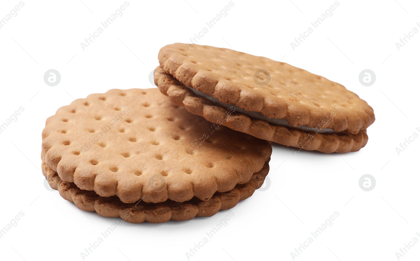 Photo of Two tasty sandwich cookies isolated on white