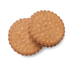 Photo of Tasty sandwich cookies isolated on white, top view