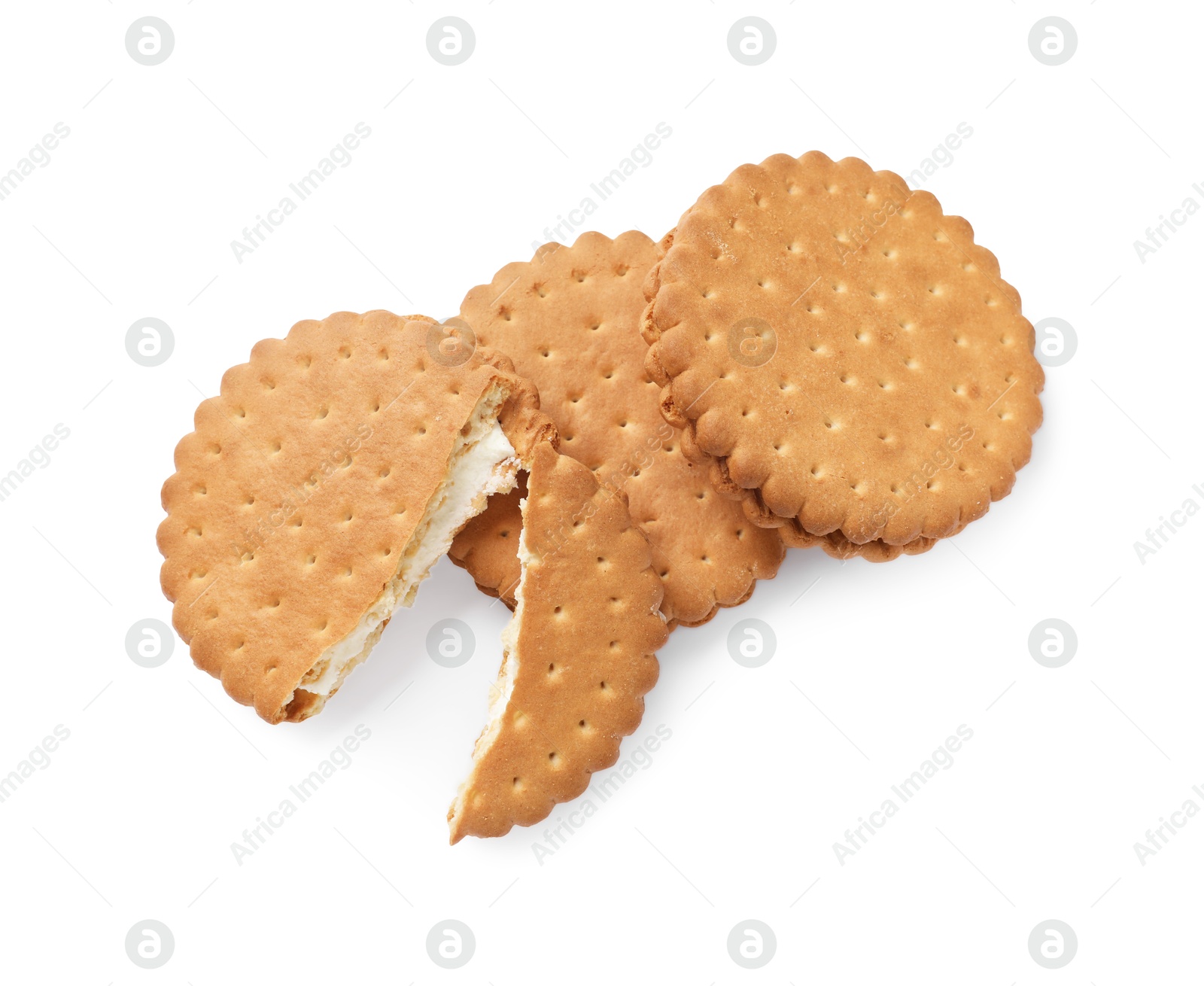 Photo of Tasty sandwich cookies isolated on white, top view