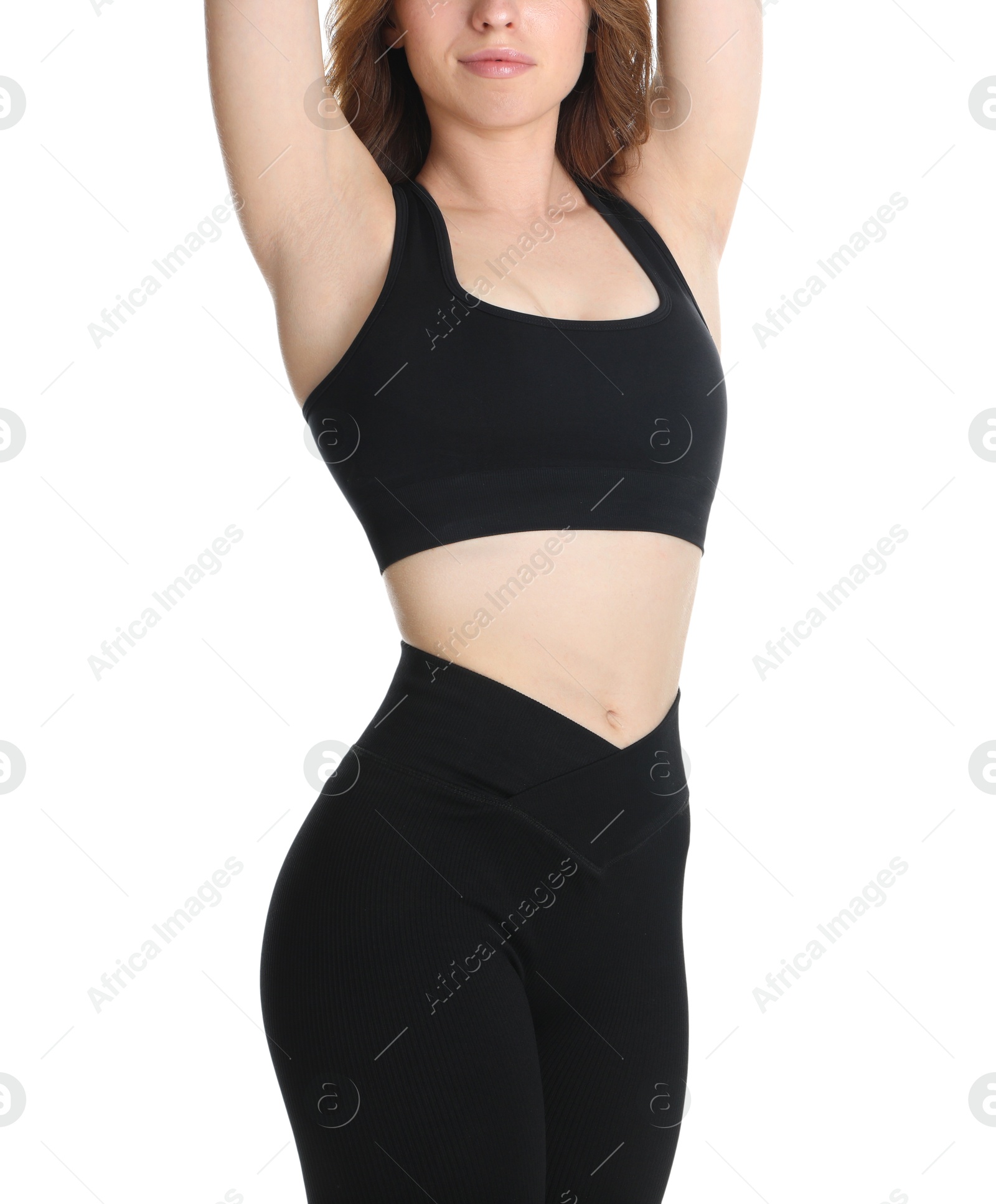 Photo of Woman with slim body posing on white background, closeup