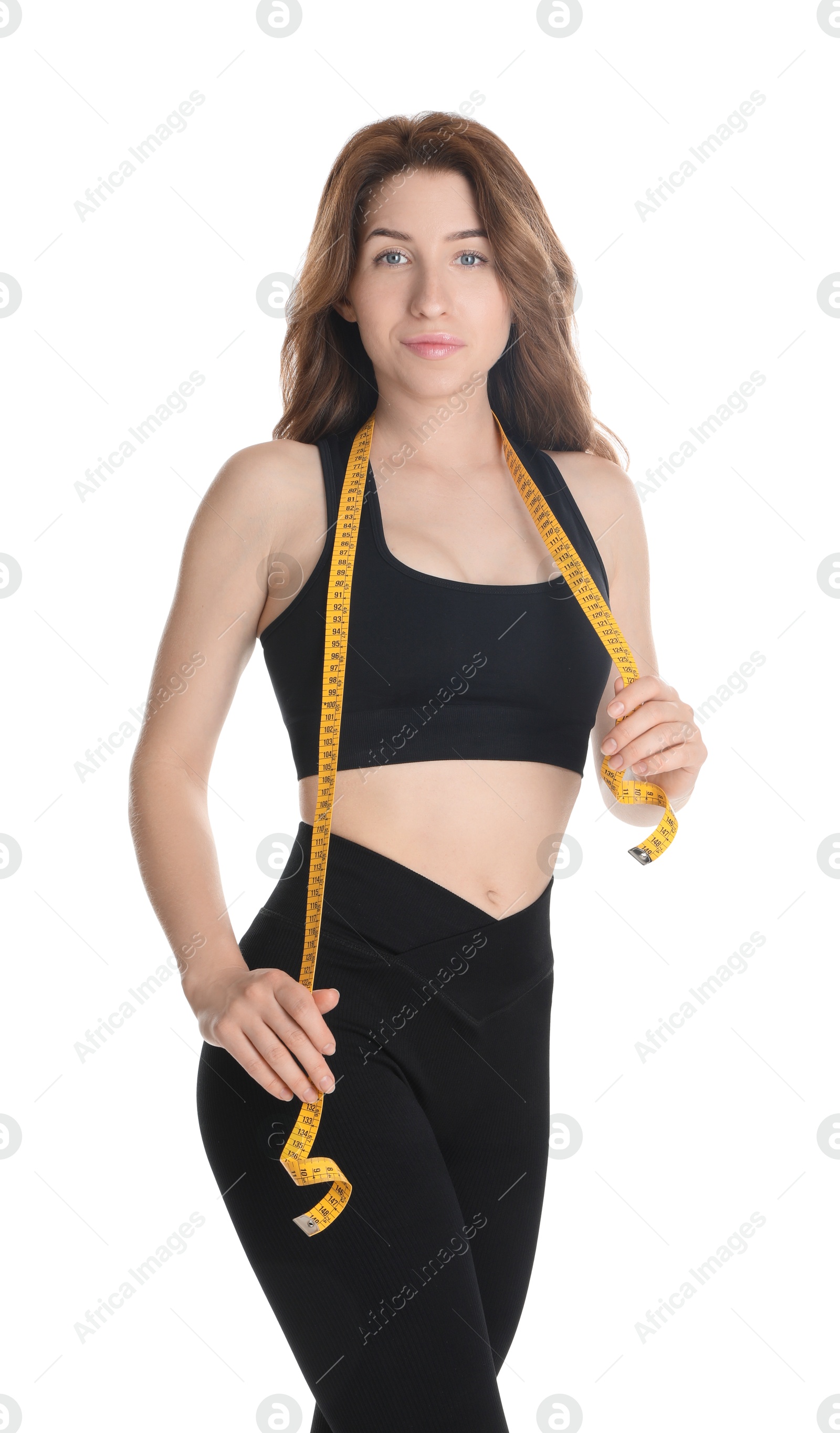 Photo of Woman with measuring tape showing her slim body against white background