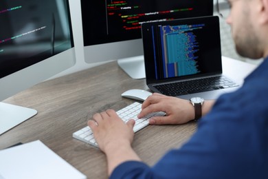 Photo of Programmer working with computer at desk in office, closeup