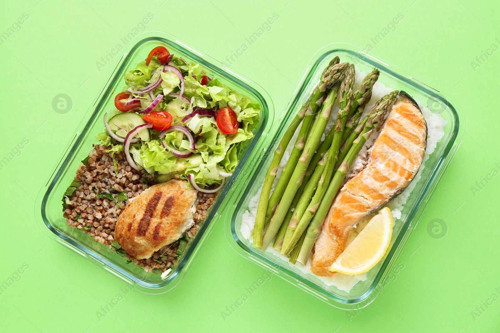 Photo of Healthy food. Different meals in glass containers on green background, top view