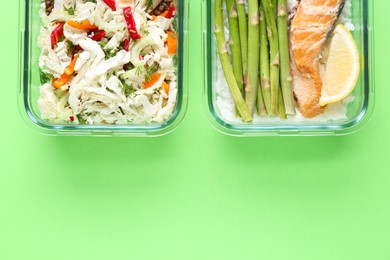 Photo of Healthy food. Different meals in glass containers on green background, top view. Space for text