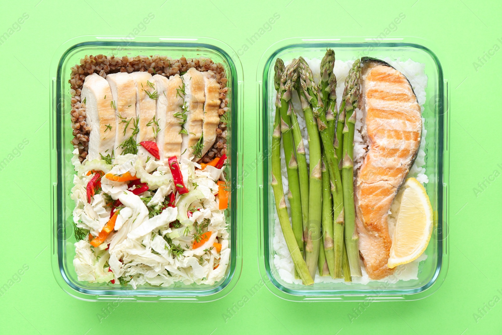 Photo of Healthy food. Different meals in glass containers on green background, top view