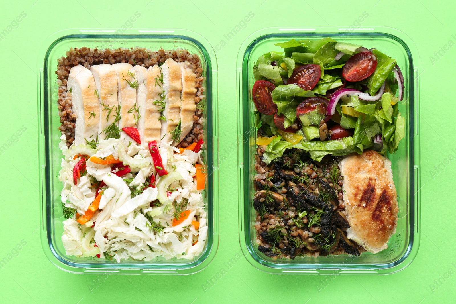 Photo of Healthy food. Different meals in glass containers on green background, top view