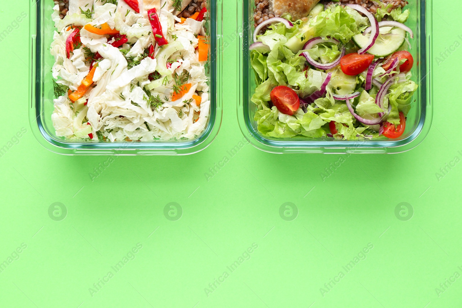 Photo of Healthy food. Different meals in glass containers on green background, top view. Space for text