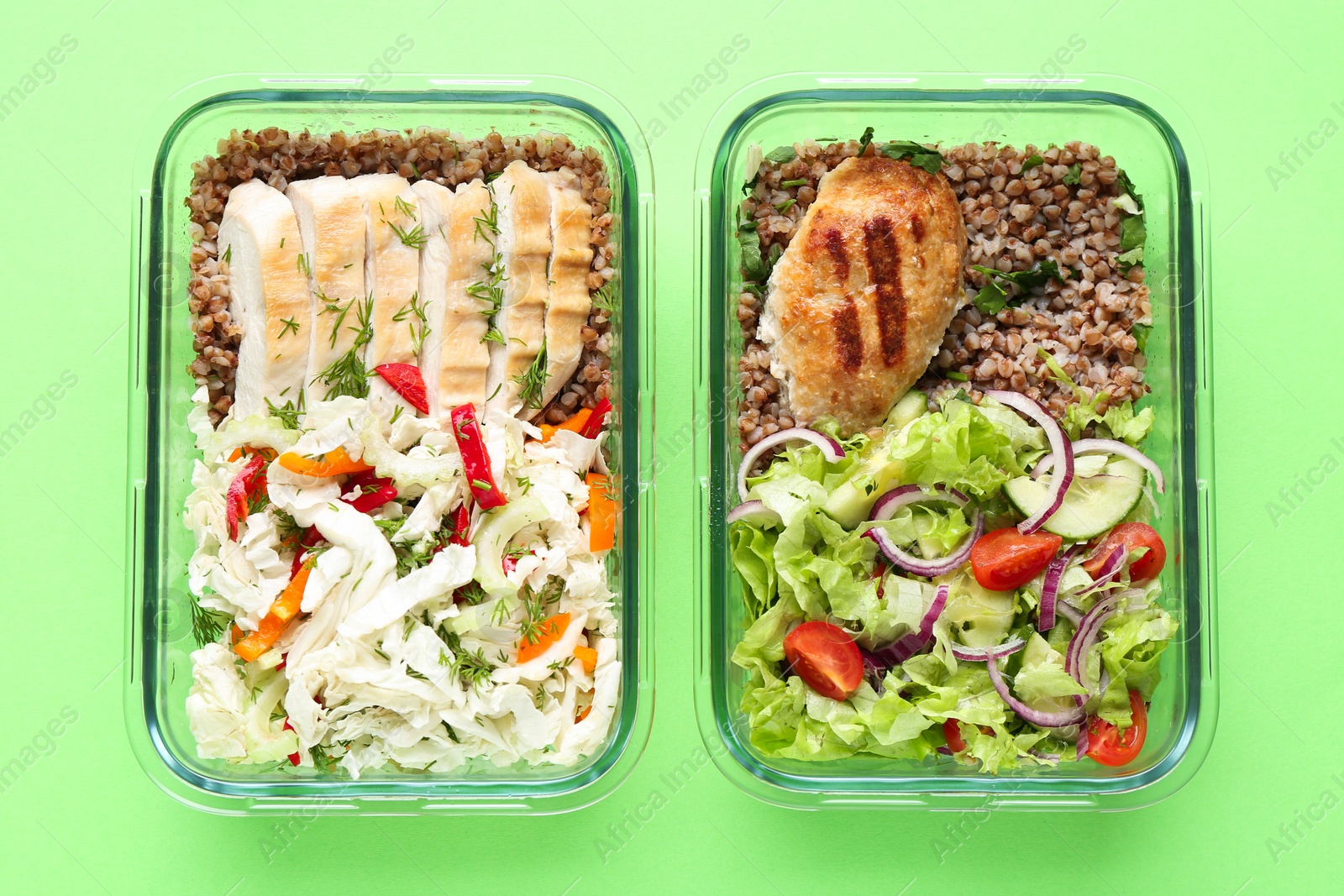 Photo of Healthy food. Different meals in glass containers on green background, top view